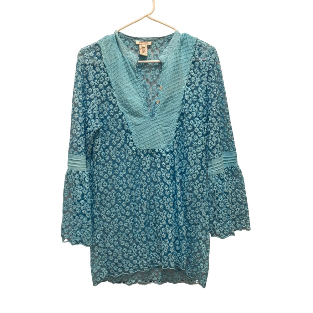 Sundance Lace Tunic Women M light Blue Floral Bell Sleeve Boho Mesh Sheer Blouse